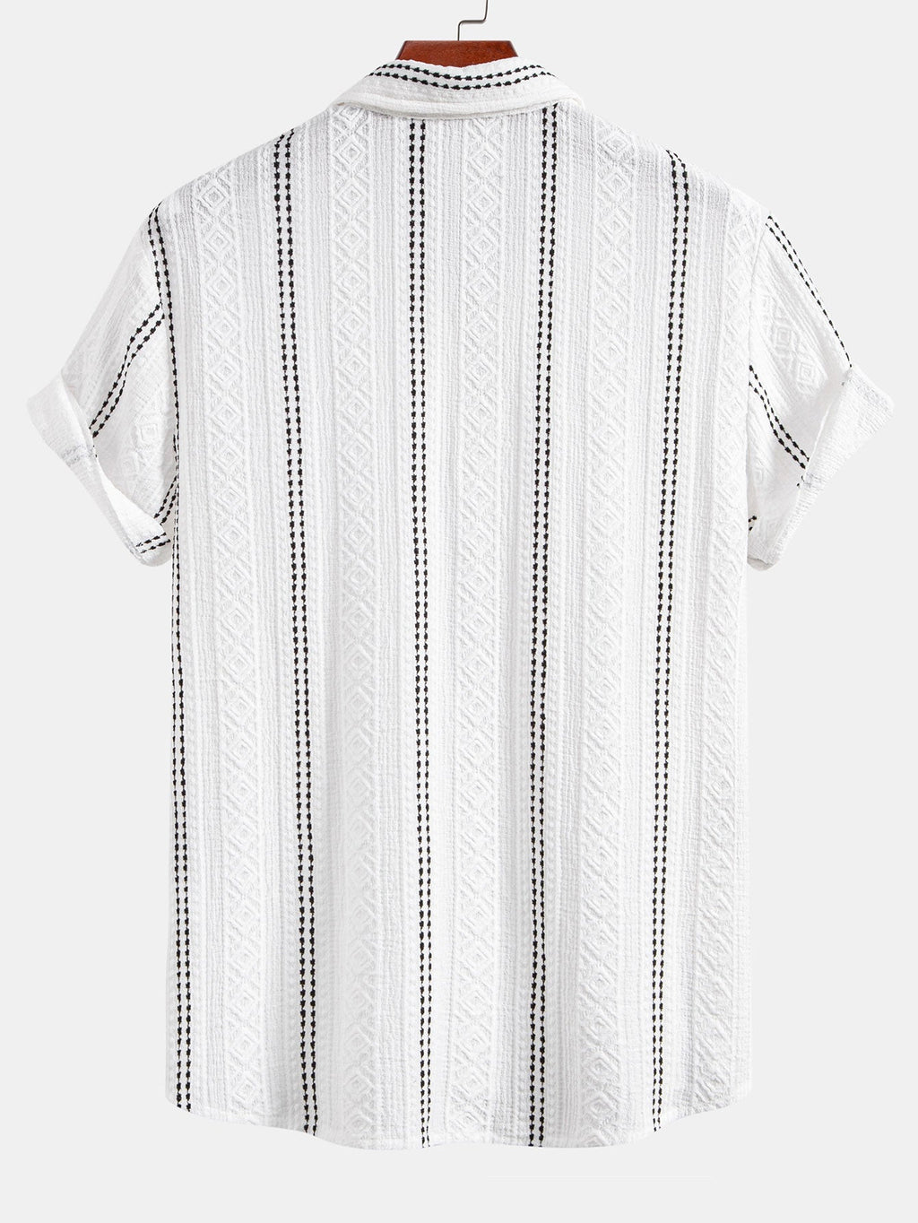 Geometric Striped Jacquard Button Up Shirt & Crinkle Textured Straight Leg Pants