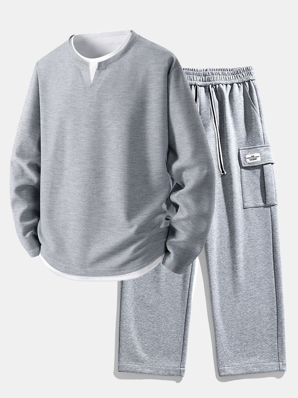 Relax Fit Long Sleeve 2 In 1 Waffle T-Shirt & Relax Fit Straight Leg Jersey Cargo Pants