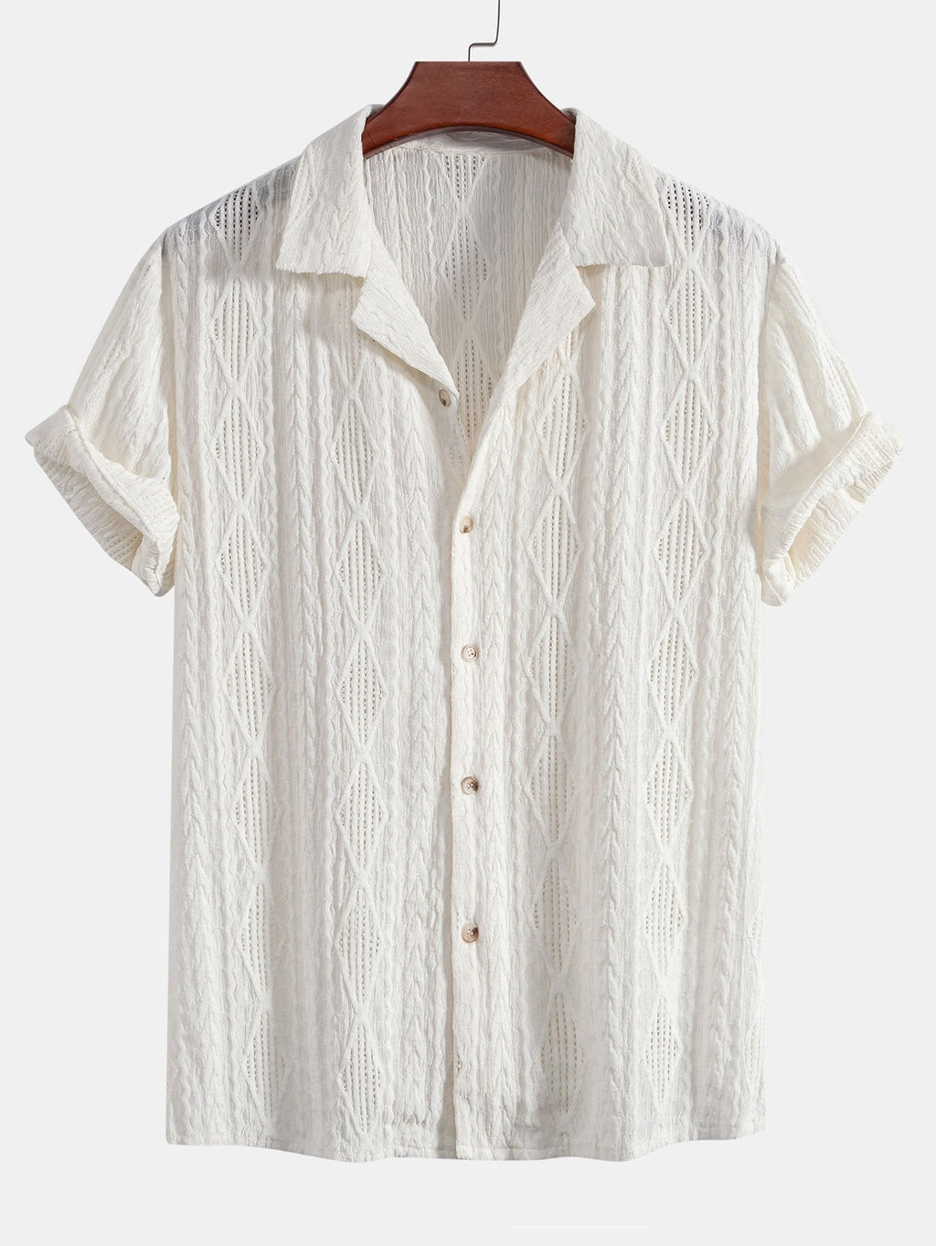Geometric Jacquard Eyelet Cuban Shirt & Crinkle Textured Straight Leg Pants