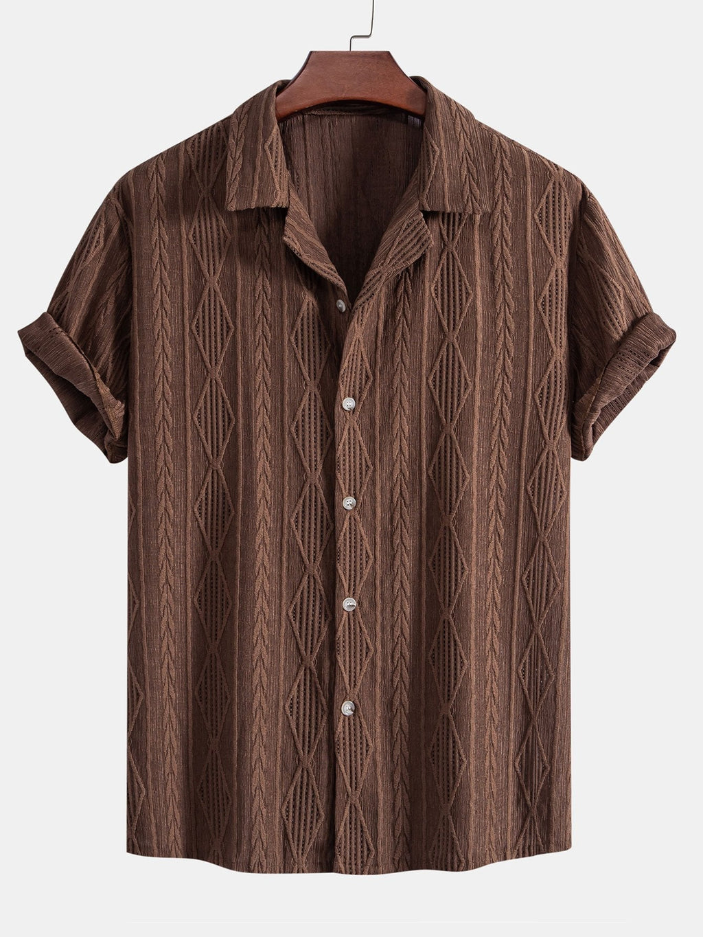 Geometric Jacquard Eyelet Cuban Shirt & Crinkled Textured Drawstring Shorts